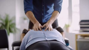 Person adjusting a computer monitor while seated with relaxed shoulders and a neutral neck position